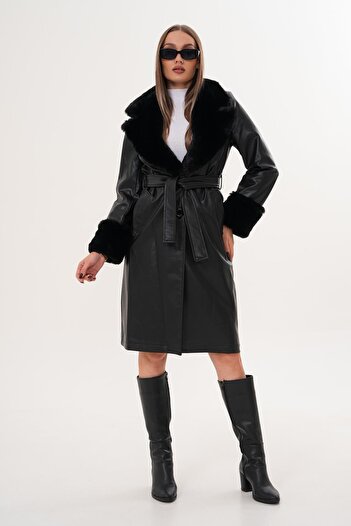 ŞİMAL Women's Collar Sleeve Feather Detailed Leather Coat 255396 -