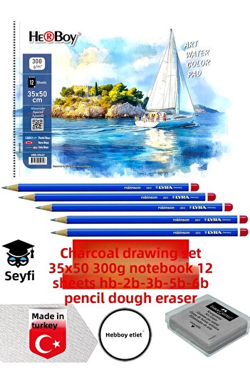 SEYFİKİRTASİYE Charcoal Drawing Set 35X50 300 Gr Notebook 12 Sheets Hb-2B-3B-5B-6B Pencil Dough Eraser