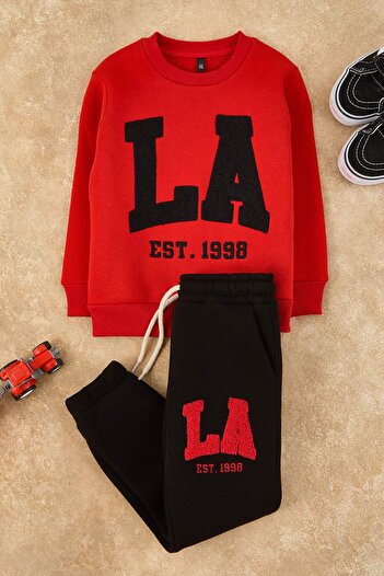 TRENDYOLKIDS Red Boys' Cotton Embroidered Regular Knitted Bottom - Top Set Tkdaw26Au00048