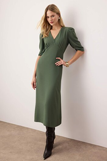 Trendyol Collection Khaki A-Line Sleeves Gather Detail Midi Woven Dress Twoaw26El00266