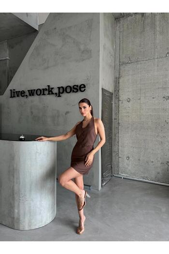 Laluvia Bitter Brown Open Back Vest Skirt Set