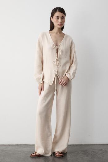 Laluvia Beige 100% Cotton Tie-Up Blouse Pants Set