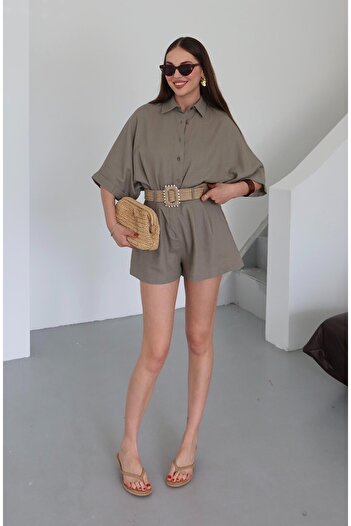 Laluvia Nerzfarbener Strohgürtel-Hemd-Shorts-Anzug
