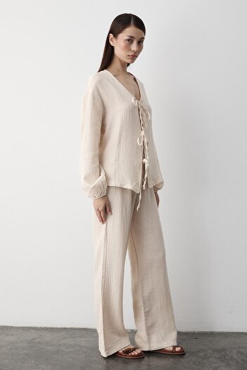 Laluvia Beige 100% Cotton Tie-Up Blouse Pants Set