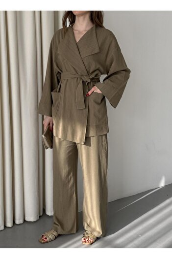 Laluvia Khaki Romina Raw Linen Jacket Pants Set