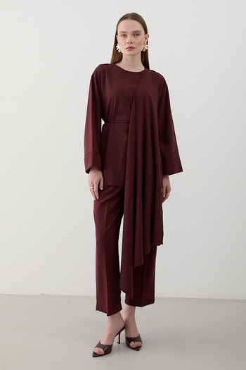 Laluvia Burgundy Self-Tied Blouse and Pants Set - 8752