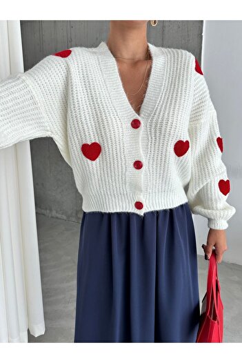 Laluvia Ecru Red Heart Knitwear Cardigan-4422