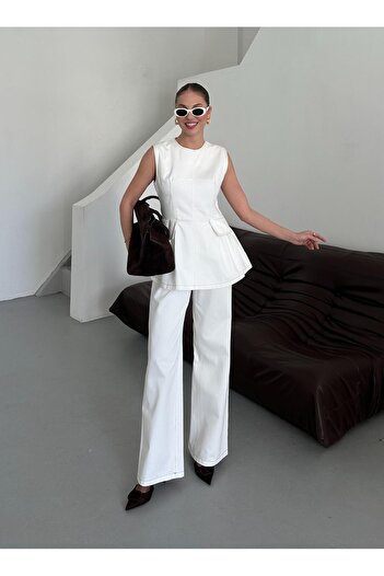 Laluvia White Leandra Design Blouse Pants Set