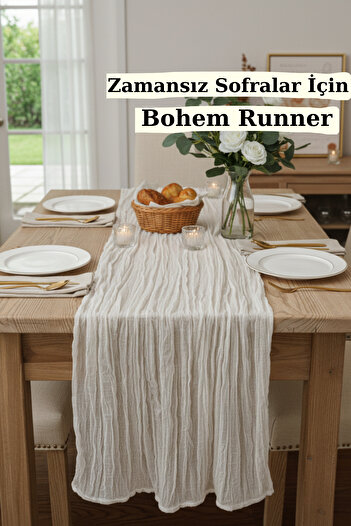 KAMİZ Bohemian Runner Tablecloth Natural Beige Modern Home Decor Wedding Engagement Table Cloth Dowry Set 100% Cotton
