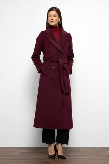 Olcay Jacket Collar Double Breasted Medium Coat Mürdüm 3094