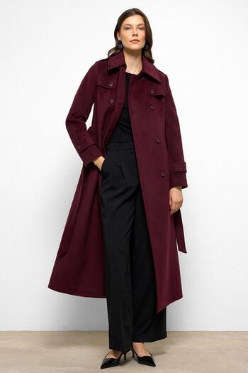 Olcay Double Breasted Long Oversized Coat with Cape Detail Mürdüm 3087