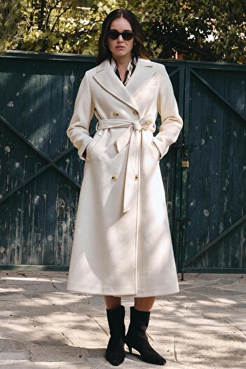 Olcay Jacket Collar Double Breasted Medium Coat Ecru 3094