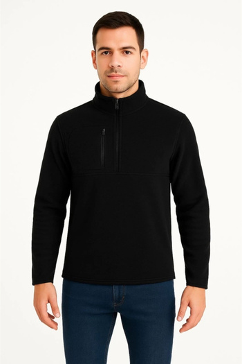 Silerra Men's Fleece Sweatshirt – Stand Collar, Half Zipper, Zippered Chest Pocket, Black Trim, Winter Comfortable Reg