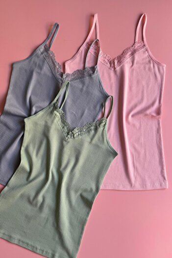 VicTroy Lace Touch | 3'lü Dantelli Ç Yeşili, Mavi ve Pembe İp Askılı Fitilli Pamuklu Kadın Atlet 64E21