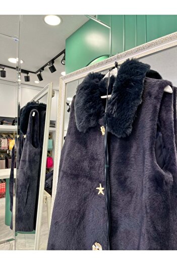 MERAM BUTİK Vatkatex Fur Angora Vest - Navy Blue - 1