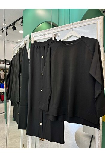 MERAM BUTİK Adn Thin Knitwear Skirt Suit - Black - 2