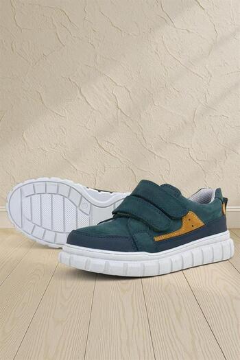 Rakerplus Dark Green Genuine Leather Children's Sneakers - Velcro Casual School Shoes