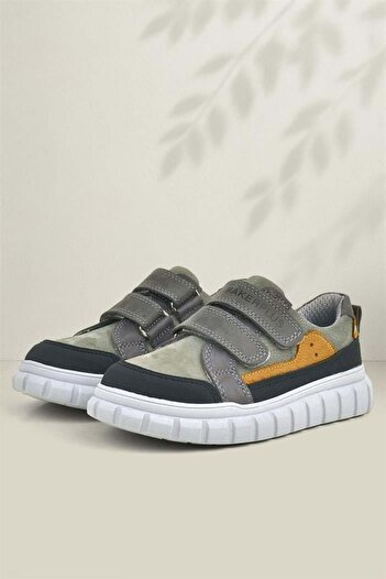 Rakerplus Γνήσιο Δερμάτινο Γκρι Velcro Παιδικά Casual Αθλητικά Σχολικά Παπούτσια