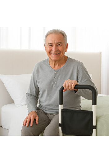 SENEX Bed Support Frame with Ergonomic Handle and Side Pocket, for Elderly and People with Reduced Mobilit