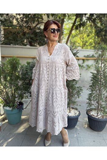 DenizEge Φόρεμα με όλα τα κουμπιά με κέντημα μπεζ