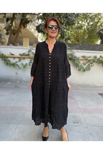 DenizEge All Button Brode Dress Black
