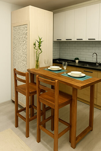 MODERN LİFEE 2 TABURE+BAR MASASI ÖZEL TASARIM DOĞAL AHŞAP BAR MASASI TAKIMI 60 X 120