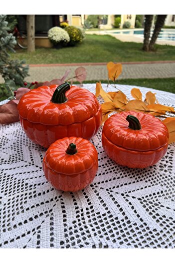 MAMALİZA 3-Piece Ceramic Pumpkin Set – Decorative Storage Box, Spice Jar, Sugar Bowl (250 Ml, 500 Ml, 1 Liter)