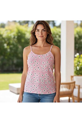 ESTA STORE Pink and White Floral Patterned Tank Top with String Straps