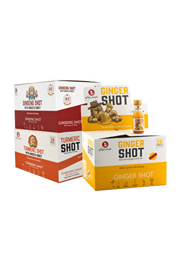 The Ginger People Ginger, Ginseng & Turmeric Shots with Honey & Lemon – 3 Packs of 16 (Total 48 Shots)