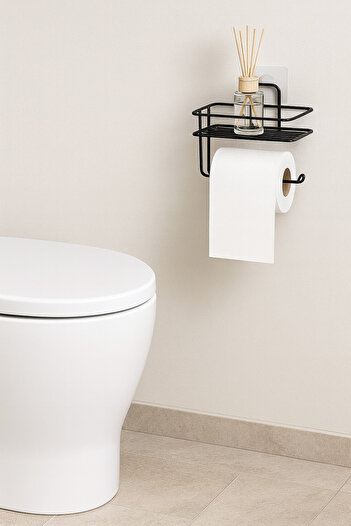 MultiStore Matte Black Toilet Paper Holder - Adhesive and Refillable Wc Holder Hanger