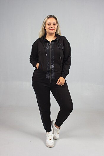 Truva XXL Stone Embroidered Plus Size Tracksuit Set Elegance and Comfort Combined
