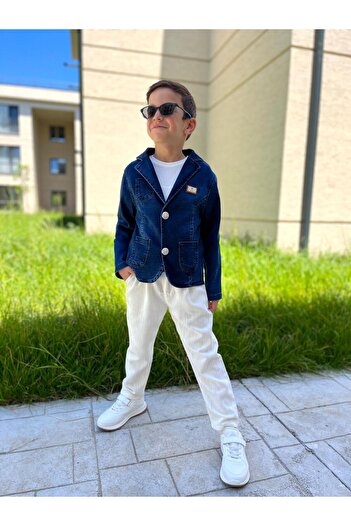 STAR GOGO KİDS Boy's Denim Blazer Jacket and Linen Trousers Set, Comfortable Fit. (4 Pieces Belt Included.)