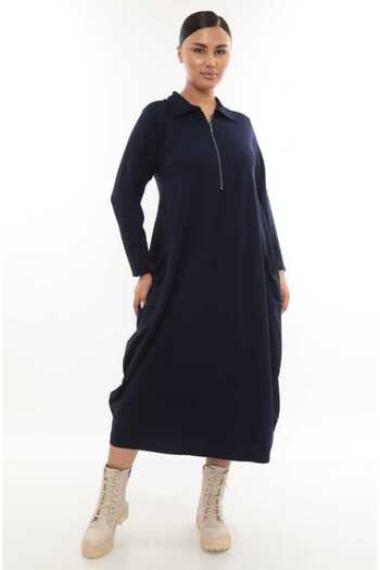KLEERMAKER Women's Plus Size Crystal Fabric Half Zipper Shirt Collar Pocket Navy Dress