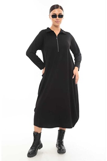 KLEERMAKER Women's Plus Size Crystal Fabric Half Zipper Shirt Collar Pocket Black Dress