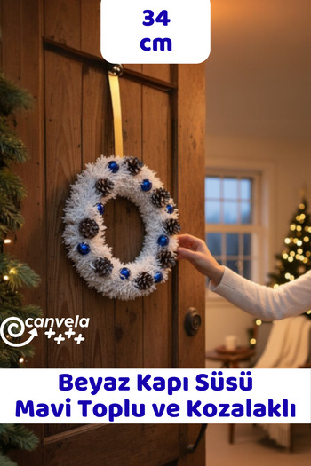CANVELA 34 cm Premium Luxury White Door Ornament with Blue Ball and Pine Cones
