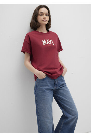 Mavi Logo Printed Burgundy T-Shirt Loose Fit / Loose Relaxed Fit 1613410-70430