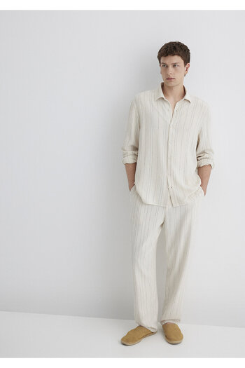 Mavi Linen Blend Striped Beige Trousers 0010467-83884