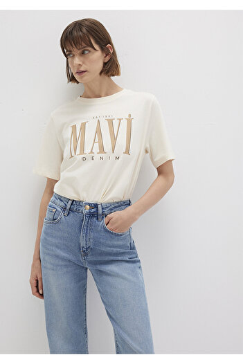 Mavi Beżowa koszulka z nadrukiem z logo Regular Fit / Normalny krój 1611990-70008
