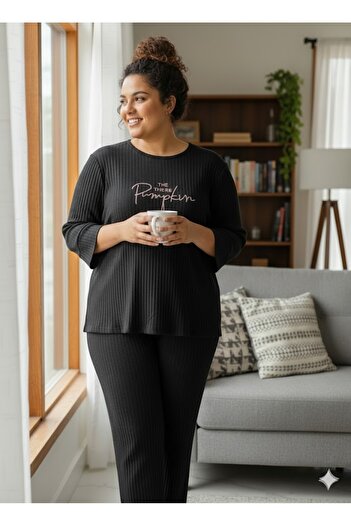 FAMES PİJAMA Women's Black Plus Size Pajama Set