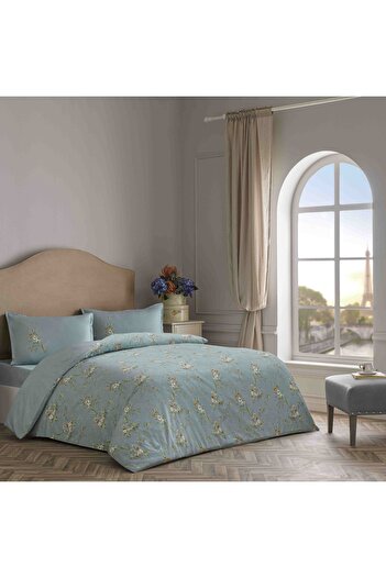 Linens Set de lenjerie de pat dublu din satin de bumbac Allday Luce, albastru
