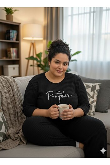 FAMES PİJAMA Women's Black Plus Size Pajama Set