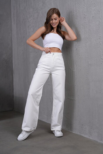 Dema White High Waist Denim Palazzo Trousers - Wide Leg Stylish Model
