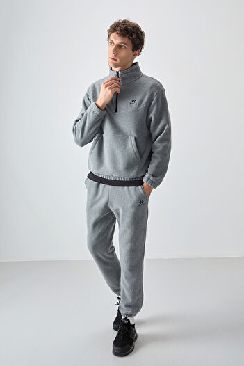 TOMMY LIFE Ανδρική φόρμα αθλητικής φόρμας Grey Melange με μισό φερμουάρ γιακάς από καουτσούκ Fleece - 85159