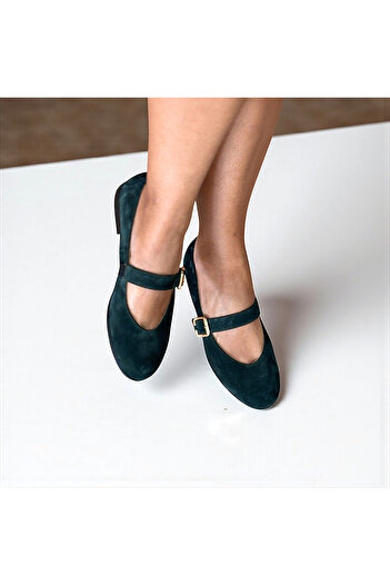 NE&VE SHOES Dark Green Suede Genuine Leather Round Toe Buckle Women's Ballerinas