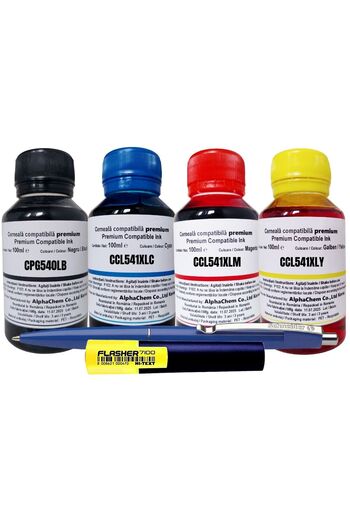 alphachem Canon Compatible Ink Bottle Set (100ml/cu) PG-540L CL-541XL c/m/y, Pix Schi and Textm
