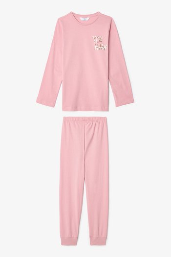 Penti Rosafarbenes 2-teiliges Pyjama-Set mit Kuhmuster für Mädchen mit langen Ärmeln