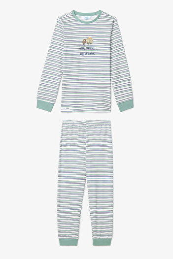 Penti Off-White Little Truck gestreiftes Langarm-Pyjama-Set für Jungen im 2er-Pack