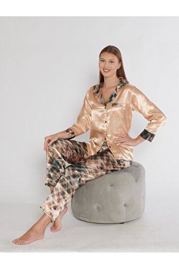 FAAL Satin Lace Detailed Dressing Gown with Shorts 3 Piece Set 3603 Mink