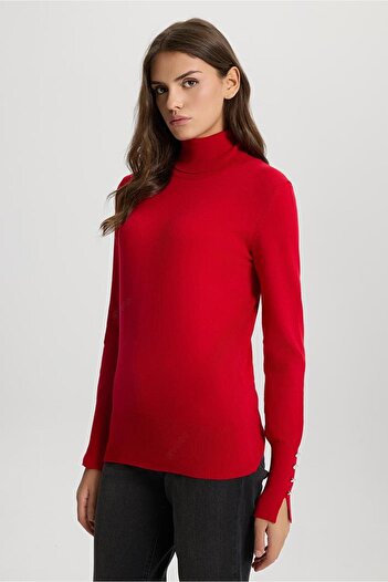 VENA Janna Half Fisherman Sleeve Buttoned Knit Sweater-Red
