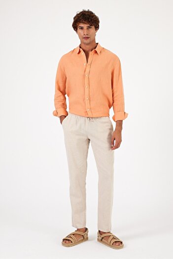 VENA Alfred Beli Elasticated Striped Linen Trousers - Stone Striped